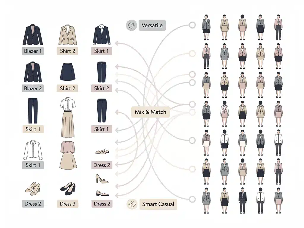 Infographic demonstrating 50 outfit combinations from an 18-piece wardrobe