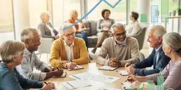 Retirees discussing financial plans with charts in background