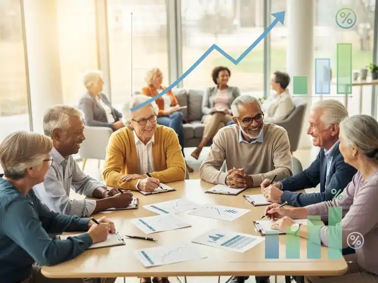 Retirees discussing financial plans with charts in background