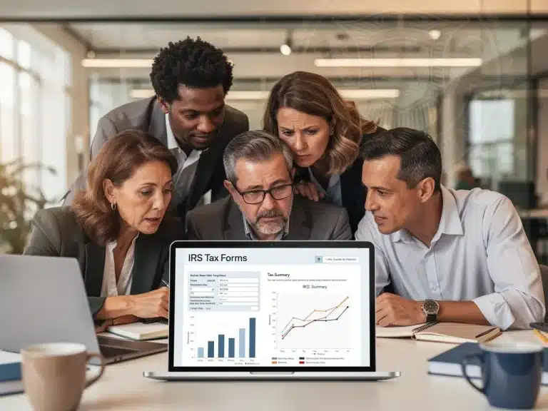 Small business owners reviewing 2026 IRS tax regulations on a tablet.