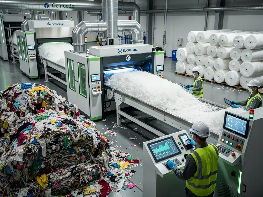 Textile recycling process in a modern factory for circular fabrics