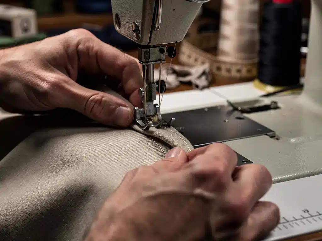Hands of a tailor hemming trousers, illustrating common clothing alterations for a better fit.