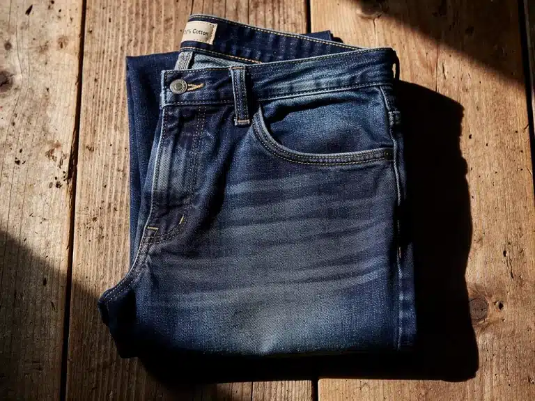 Folded 100% cotton denim jeans on wood, showcasing classic texture and durability.