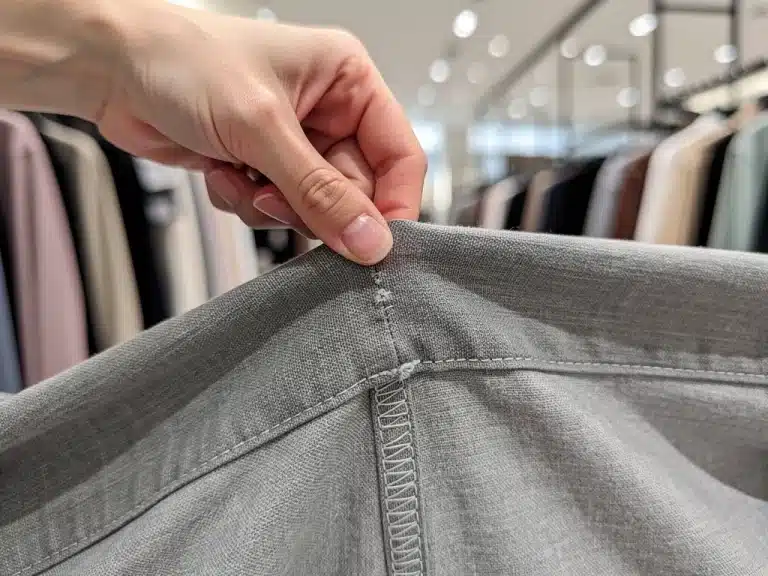 Hand performing 3-Point Seam Test on clothing seam