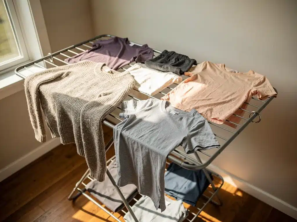 Clothes air-drying on a rack, emphasizing a gentle drying method for shrink-prone fabrics