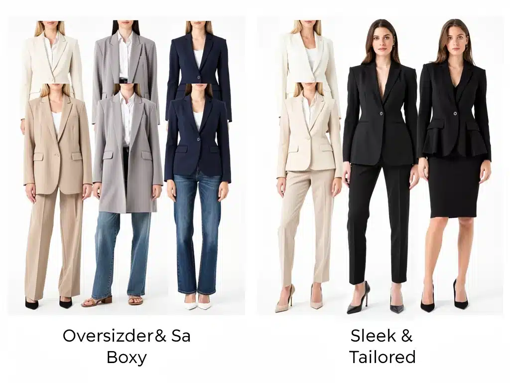 Comparison of outdated oversized blazers with modern cinched-waist blazers