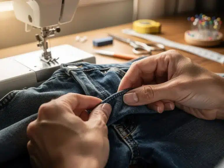 Hands demonstrating blind hem stitch on blue jeans, saving alteration costs.