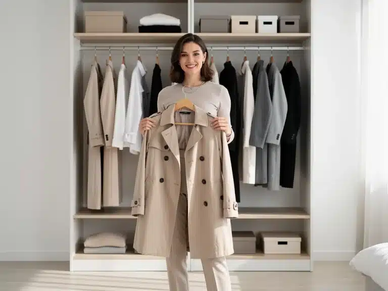 Woman organizing a minimalist 15-piece capsule wardrobe for 2026