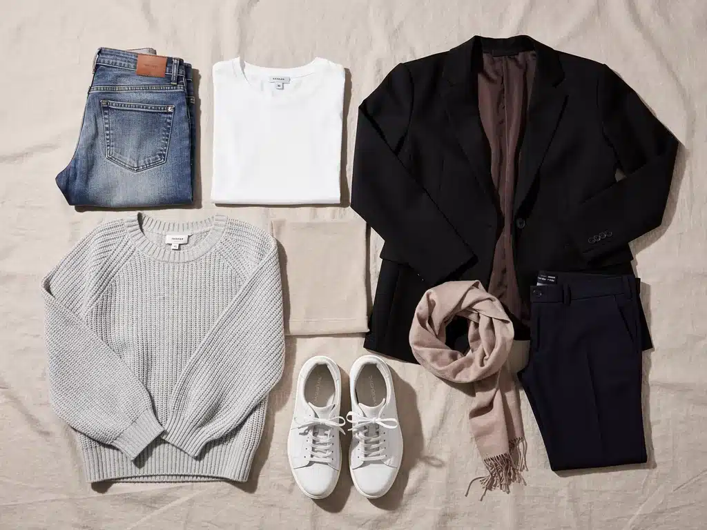 Essential 15-piece capsule wardrobe items laid out neatly