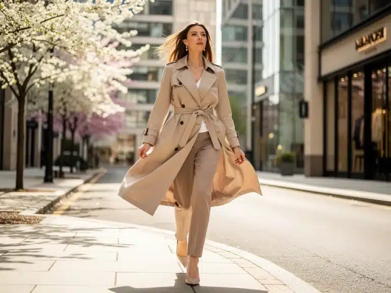 Woman in modern tailored trench coat for spring 2026 fashion