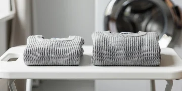 Shrunken sweater next to original size, demonstrating fabric blend shrinkage from dryer heat