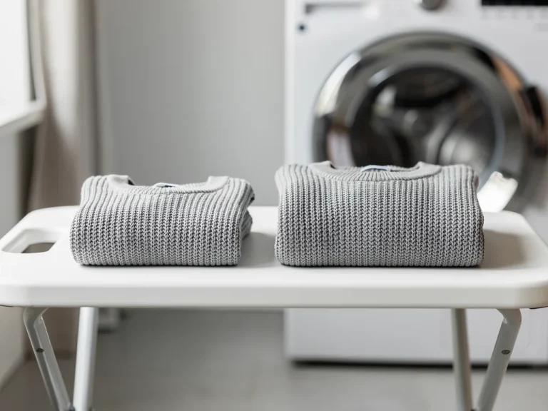 Shrunken sweater next to original size, demonstrating fabric blend shrinkage from dryer heat
