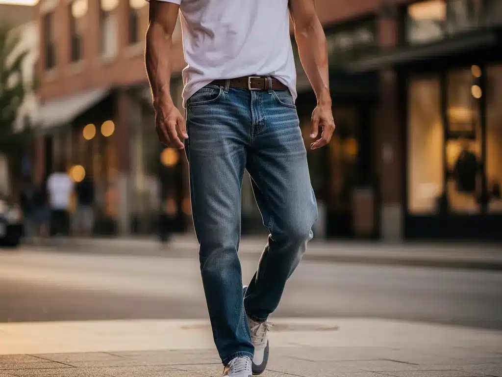 Person wearing vintage-style 100% cotton denim jeans in urban setting.